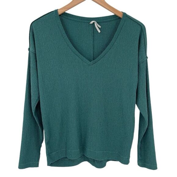 By Anthropologie Textured Crepe V-Neck Long Sleeve Top Green Women Small - Picture 1 of 6